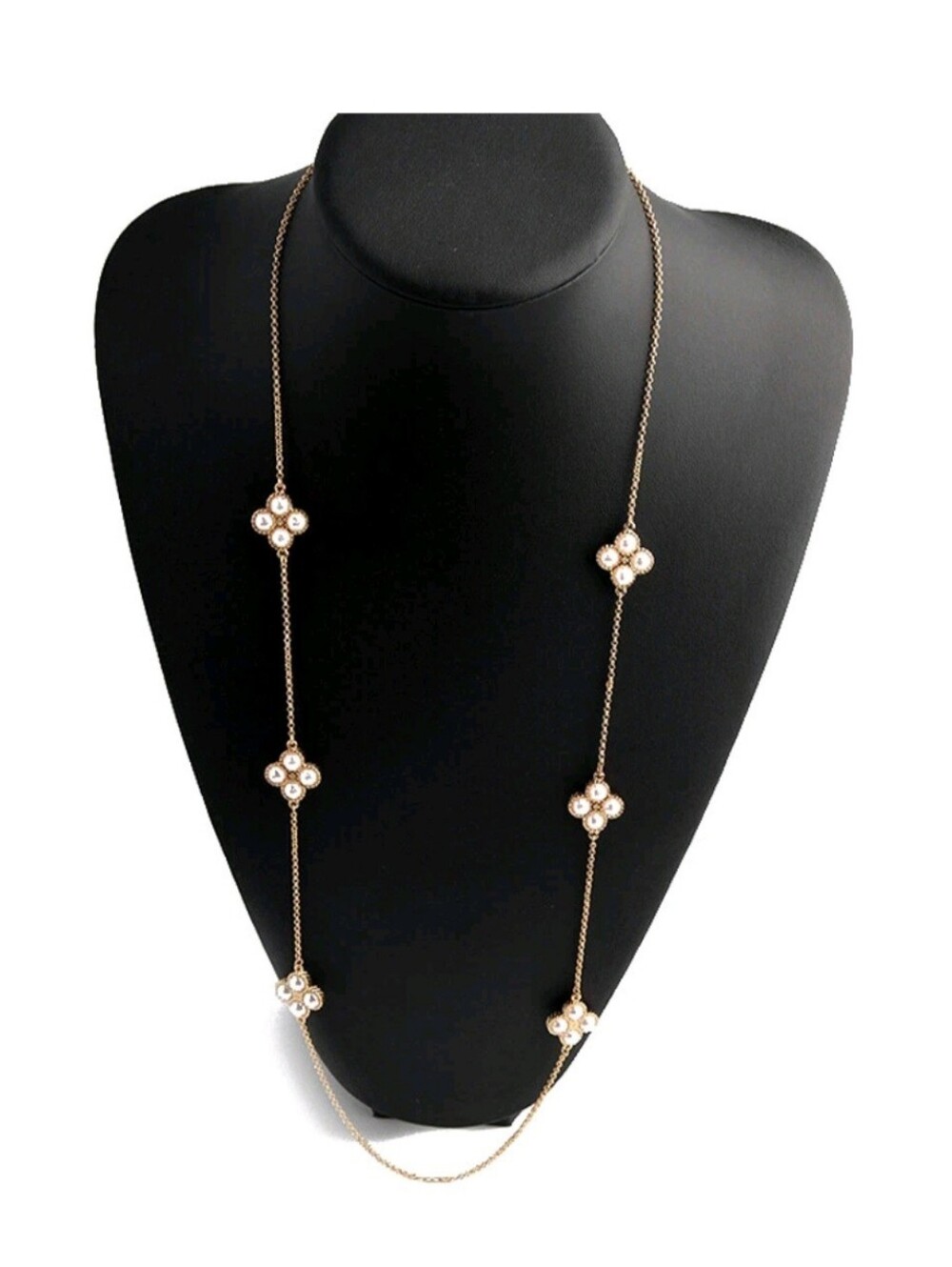Tory Burch Cream and Gold Rope Clover Necklace